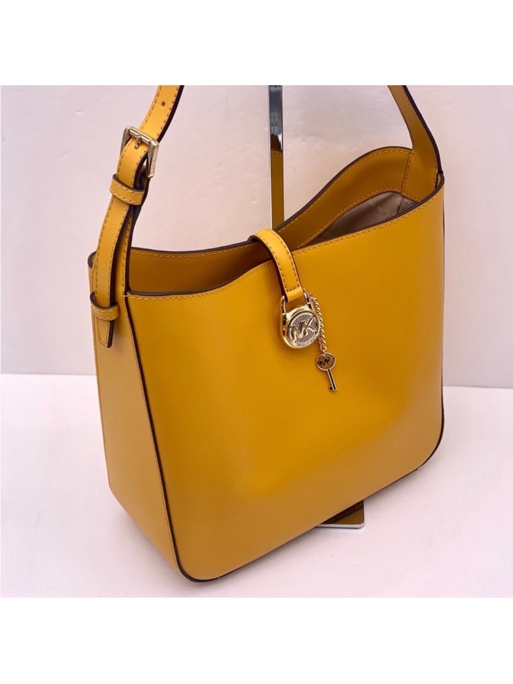 Michael Kors Yellow Leather Shoulder Tote with MK Charm - Picture 3 of 12